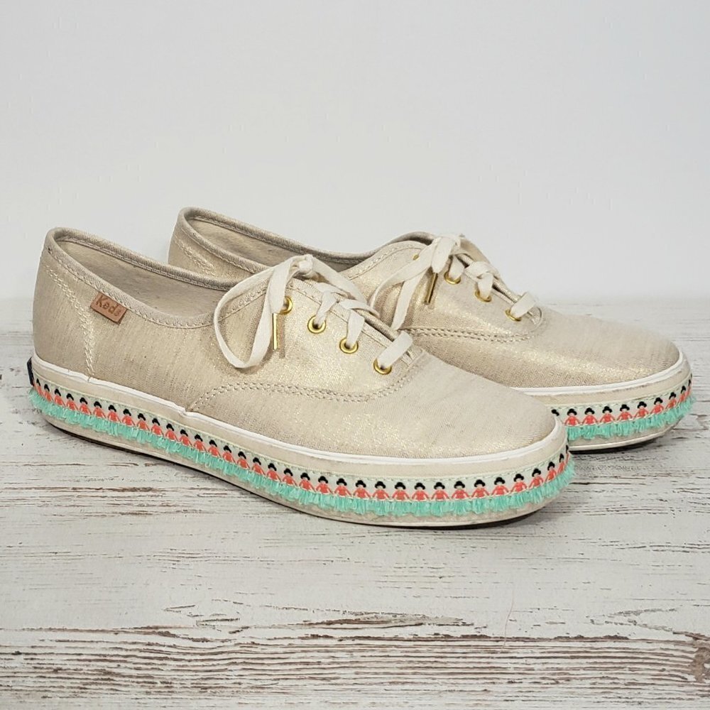Keds Ortholite Gold Canvas Platform Sneakers Embroidered & Tassled Trim Sz 6.5